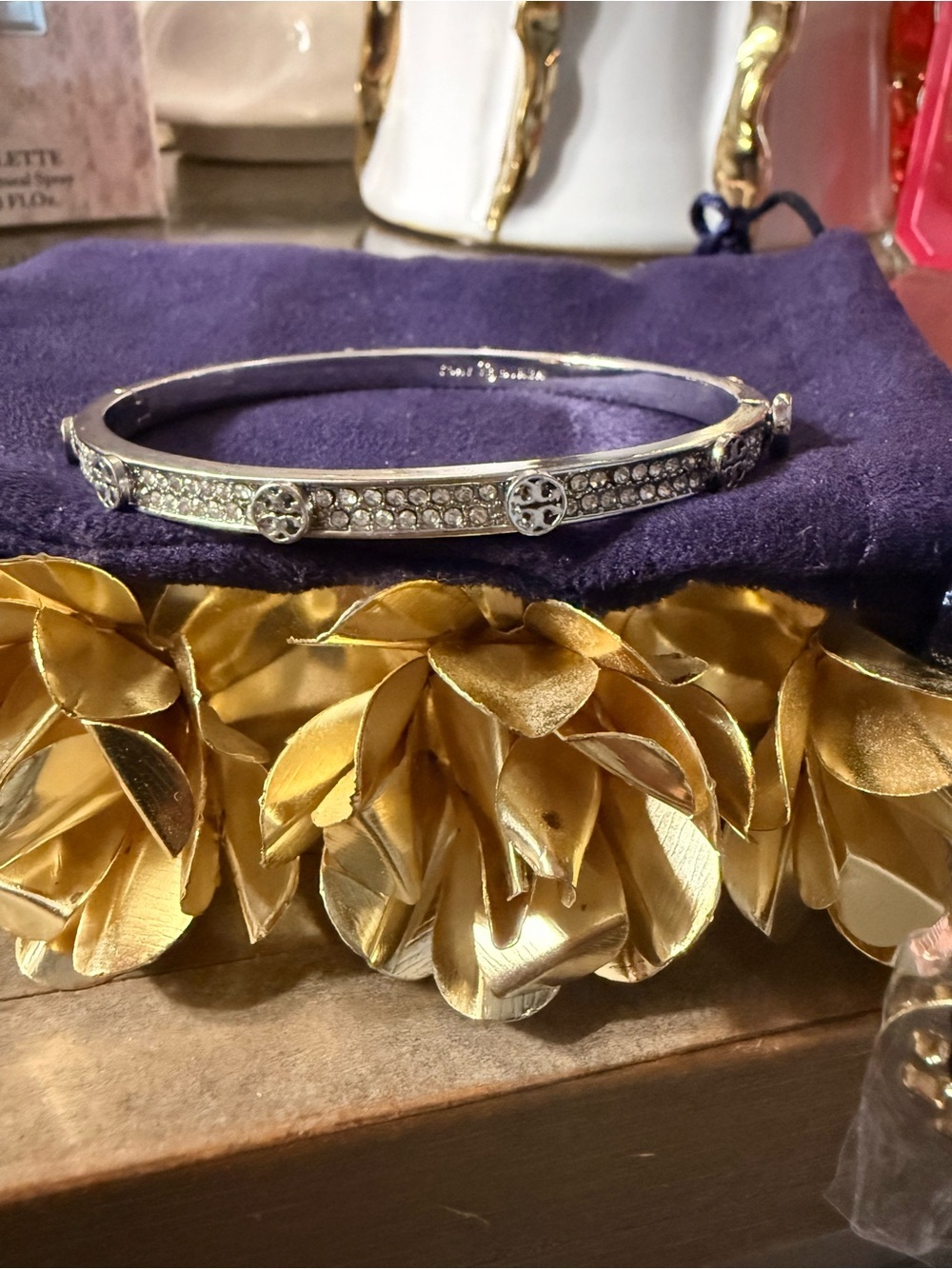 Tory Burch Silver Bangle with Pave Crystals and Signature Logo